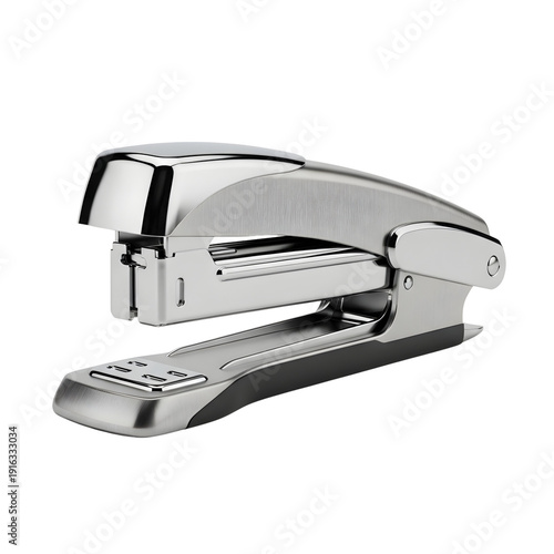 A silver stapler on a plain white background viewed from the front