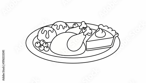 Thanksgiving Dinner Plate: Roasted Turkey, Mashed Potatoes, Cranberries, and Pumpkin Pie Slice