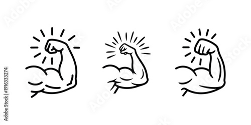 Flexing arm with muscle icon set, strength and power symbol in thin line art style, strong bicep sign collection for fitness