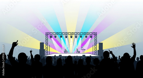 Concert stage with colorful lights and crowd silhouettes waving hands in excitement at a live music event with vibrant beams