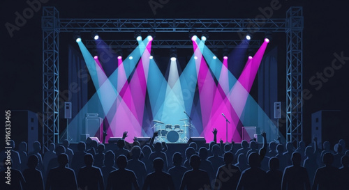 Concert stage with vibrant lighting and crowd silhouettes in dark venue energetic performance atmosphere