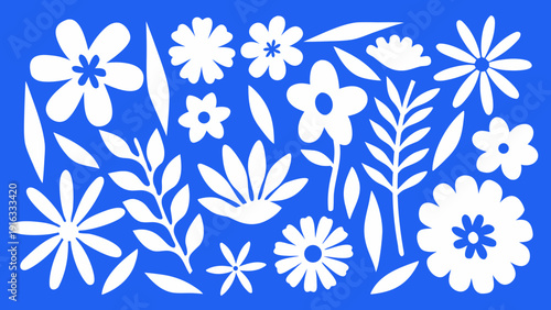 Abstract floral arrangement of white flowers and leaves on blue
