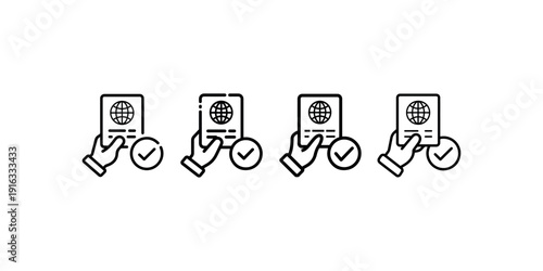 Four black and white linear icons depicting a hand holding a passport with a checkmark, symbolizing approved travel document
