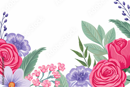 Floral arrangement with roses wildflowers and green leaves on white