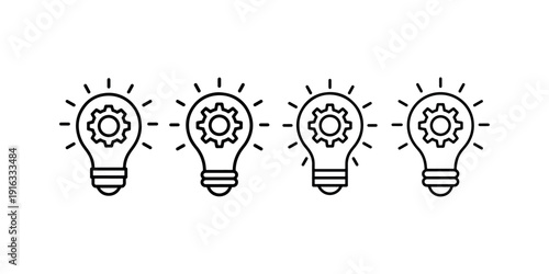 Lightbulb with gear icon set, idea and innovation concept, technology development, solution finding, creative thinking, four variations
