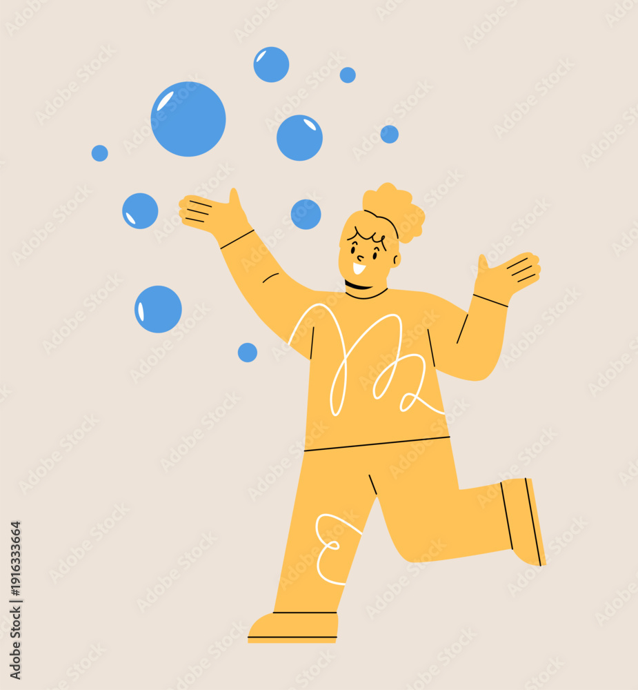 Fototapeta premium Girl playing with soap bubbles. Colorful vector illustration