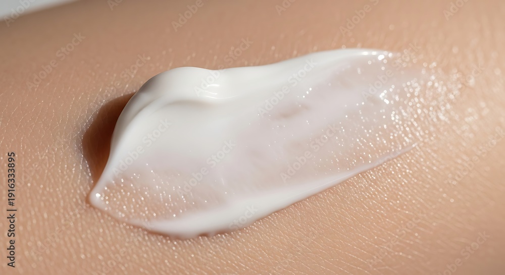 Fototapeta premium ia generated. Creamy Moisturizer Texture on Skin Close-Up. Macro shot of creamy skincare product spreading smoothly on natural skin under soft light. Concept of hydration, beauty routine and self care