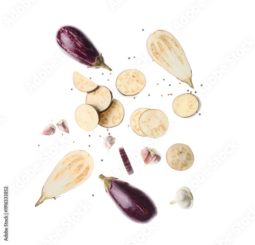 Flying fresh eggplants, cut...