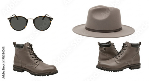 Taupe fedora hat sunglasses and leather hiking boots displayed together on a white background showcasing outdoor adventure style and accessories
