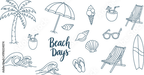Hand-drawn beach day elements collection featuring summer vacation illustrations, including palm trees, umbrellas, seashells, and ocean waves.