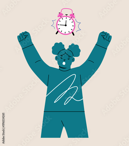 Girl wake up in the morning. Colorful vector illustration