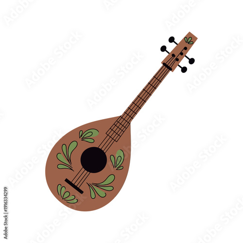 Ornate mandolin illustration with floral patterns on a white background, viewed from the front.