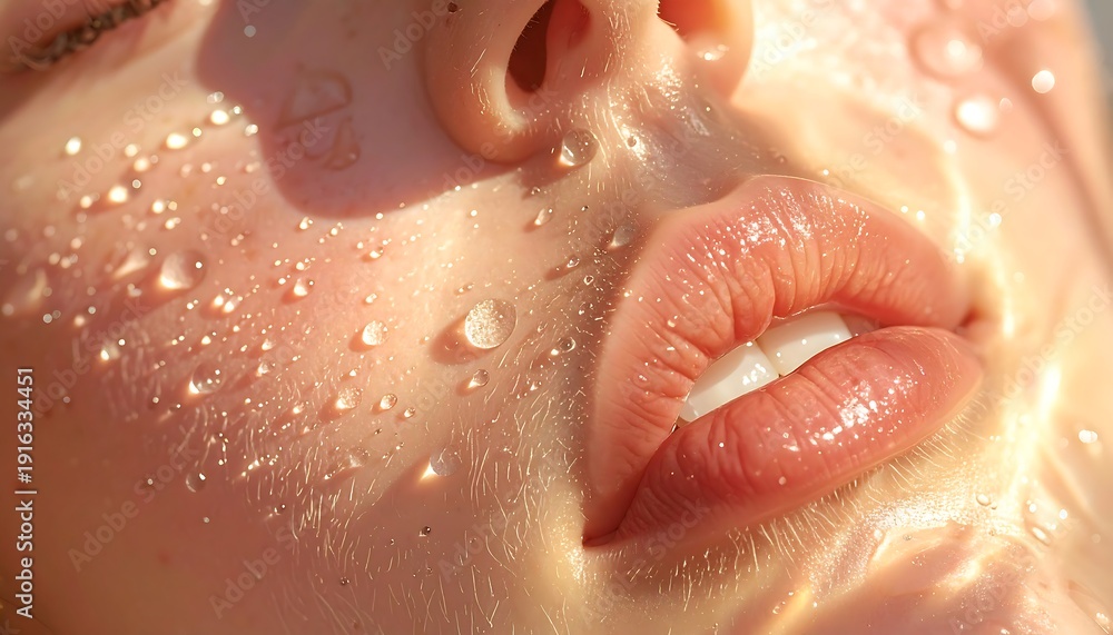Fototapeta premium ia generated. Water Droplets on Glowing Healthy Skin. Macro close-up of glowing skin with water droplets under natural light. Concept of skincare, hydration and beauty routine.