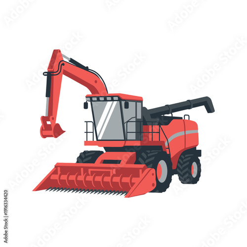 Orange combine harvester with excavator attachment on a white background, viewed from the side.