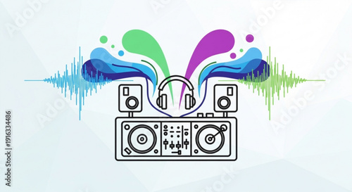 Dj mixer with headphones and colorful sound waves illustration for music production and entertainment events
