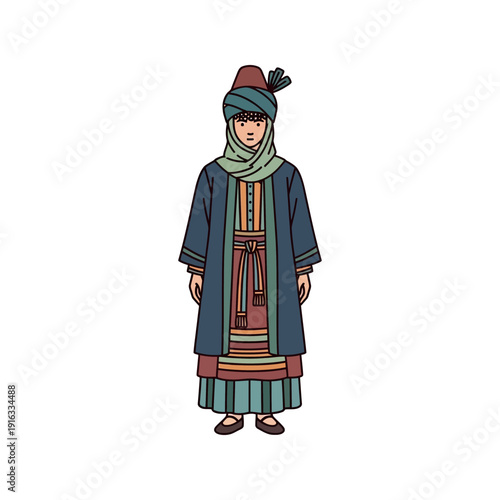 Illustration of a person wearing traditional clothing standing in a neutral background viewed from the front