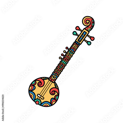 Vibrant illustration of a traditional stringed musical instrument with intricate patterns and colorful designs