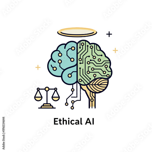 Illustration of ethical AI concept with brain and circuit board merged, symbolizing balance and harmony in technology.