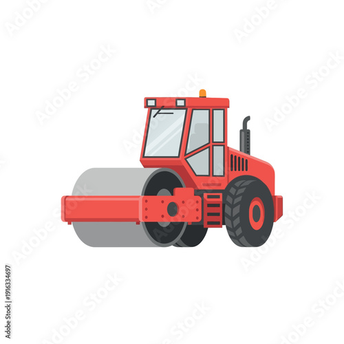 Red road roller illustration on white background, viewed from the side, showcasing heavy machinery in a construction environment.