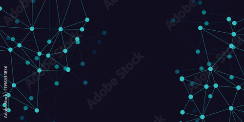 Abstract dark blue background with glowing green network connections and nodes, representing technology, data, and digital communication structure