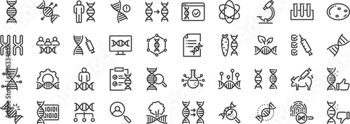 Genetics And Biotechnology Line Icon Set DNA Genome Research Laboratory Science Symbol