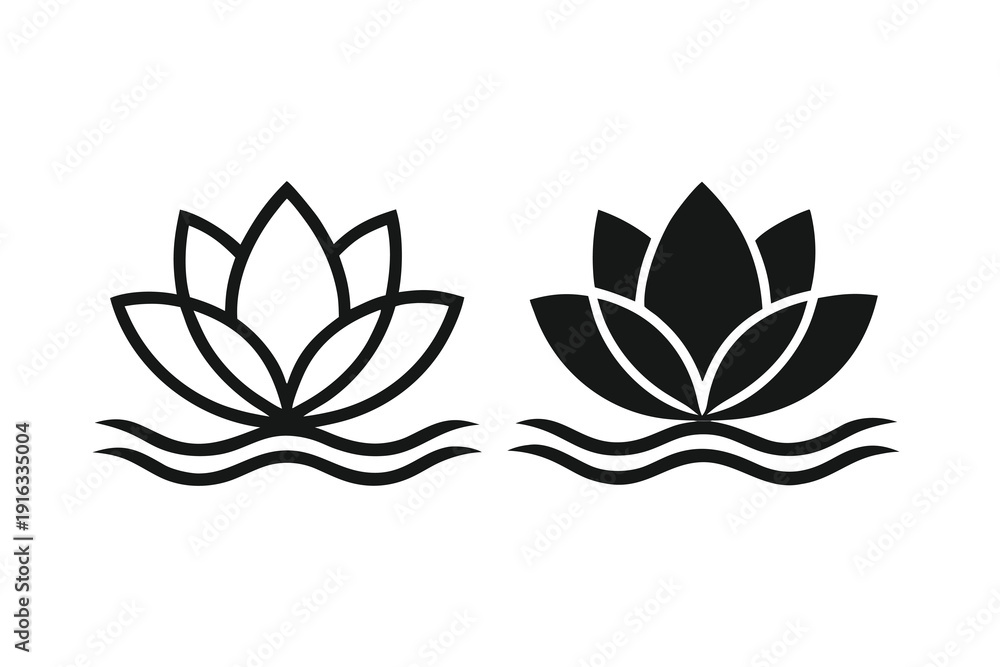 Fototapeta premium Minimalist lotus flower icon set featuring outline and solid black silhouette designs