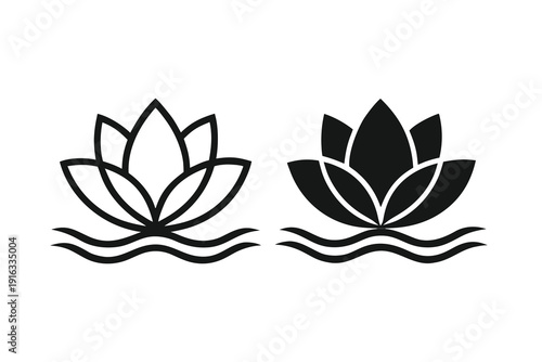 Minimalist lotus flower icon set featuring outline and solid black silhouette designs