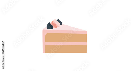 Simple illustration of a delicious slice of layered cake topped with pink and dark blue frosting swirls