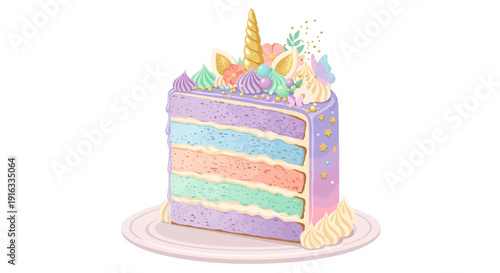 Delicious slice of multi-layered pastel unicorn cake featuring vibrant frosting and a sparkling golden horn topper