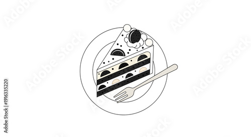 Delicious slice of layered cookies and cream cake with fork icon