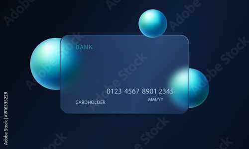 Modern glass morphism bank card with blue spheres on dark gradient background