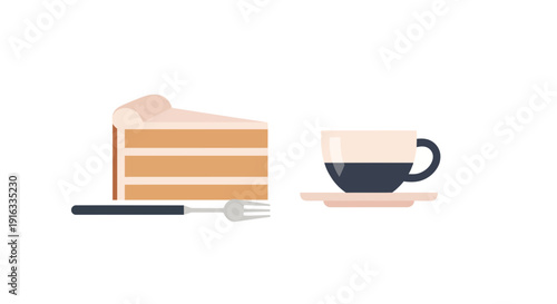 Simple illustration of cake slice next to coffee cup and small fork
