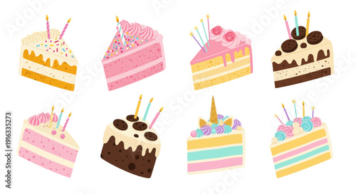 Collection of colorful assorted birthday cake slices with lit candles