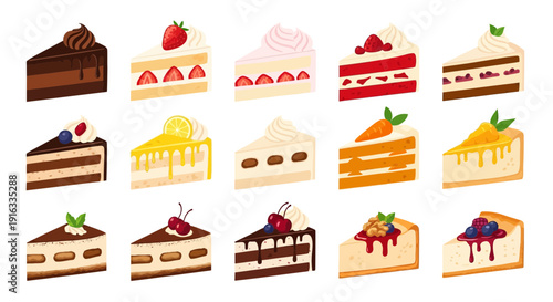 Assortment of delicious layered cake slices with various sweet toppings