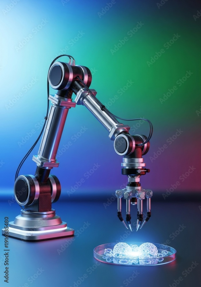 Obraz premium Advanced robotic manipulator fusing industrial power with medical precision. Futuristic technology used for complex laboratory tasks and biomedical innovation, chrome, cleanroom, operation