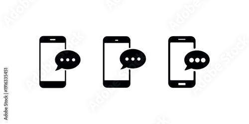 Set of three mobile phones with speech bubbles. collection of simple isolated vector illustrations of a smartphone with a message icon on a white background