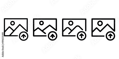 Set of four image icons with an upload arrow. collection of simple isolated vector illustrations of a photo frame with an upload symbol on a white background