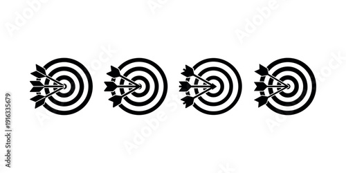 Target with arrow icon set. accuracy and business goal symbol. dartboard with multiple arrows hitting bullseye. aim or success vector sign