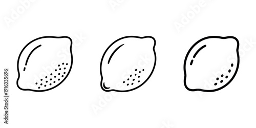 Lemon fruit vector line art icons set featuring citrus silhouettes with skin texture details for fresh food designs and healthy beverage illustrations