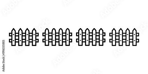 Set of four simple picket fence segment outlines in a row on a white background. four identical fence sections with pointed tops are evenly spaced