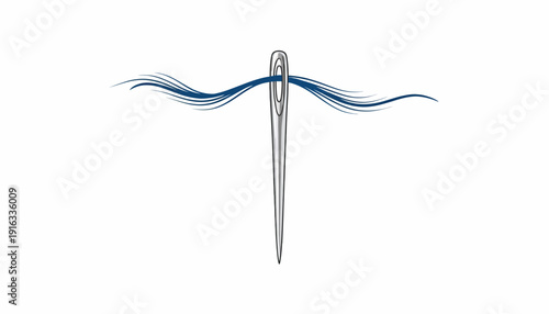 Sewing Needle with Blue Thread, Close-up, Isolated on White Background, Crafting Concept