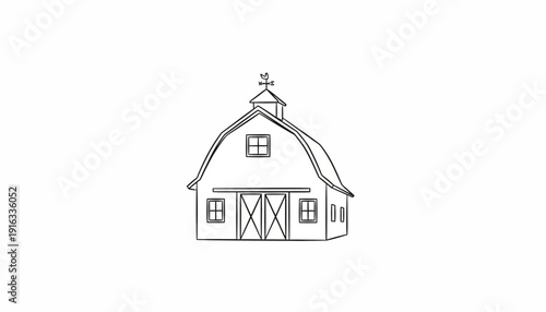 Simple Barn Outline Drawing, Farm Building with Weather Vane, Rural Architecture Sketch