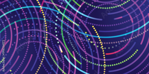 Abstract background with glowing neon dotted lines and curved shapes in shades of blue, purple, and green, representing technology, data flow, or digital art