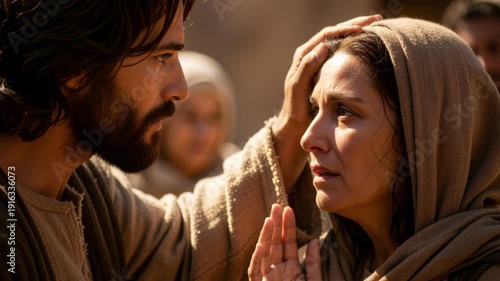 Jesus lays his hands on a sick woman in prayer or request for healing. A biblical scene depicting faith, compassion, and divine intervention. Divine blessing.	
