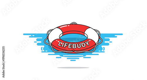 Red and white lifebuoy floating on blue water, safety equipment, rescue symbol