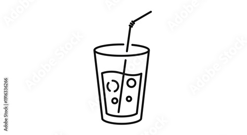 Refreshing Drink with Bubbles and Straw, Line Art Icon