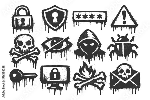 Dripping grunge cybersecurity symbols: lock, shield, password, skull, hacker, bug.