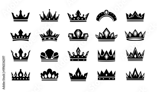 Minimalist black crown icon collection featuring various royal symbol silhouettes