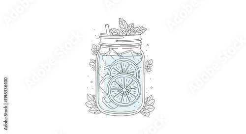 Refreshing Lemonade in Mason Jar with Mint and Citrus Slices, Hand-Drawn Style