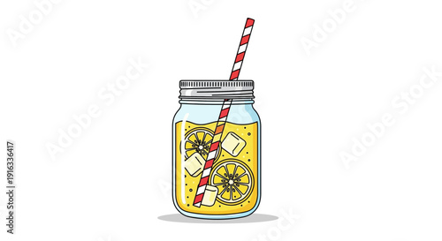 Refreshing Lemonade in Mason Jar with Ice and Straw, Summer Drink Illustration